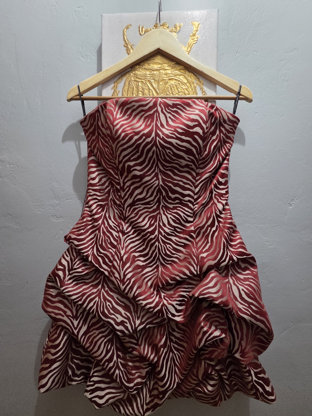 Jessica McClintock Strapless Red and Cream Zebra-Print Ruffled Dress 8